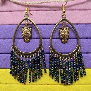 Chic Bronze and Blue Owl Earrings